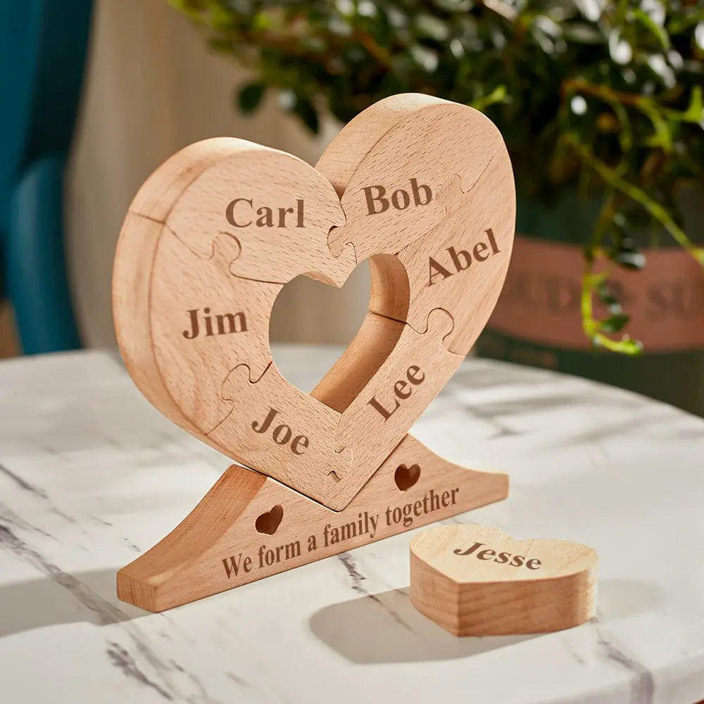 Personalized Engraved Wooden Heart Puzzle – Custom Family Name Home Decor Ornament Gift