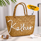 Personalized Handmade Straw Bucket Bag – Custom Name Boho Beach Travel Gift for Women