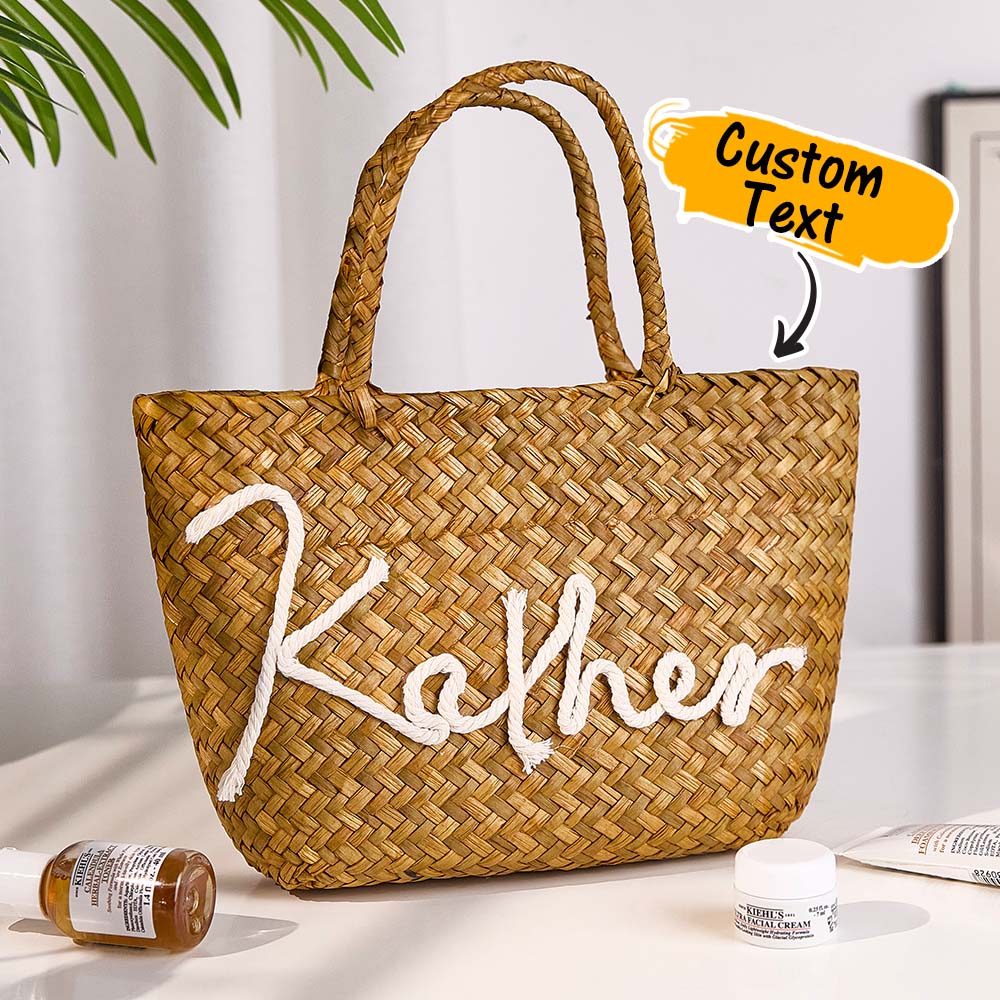 Personalized Handmade Straw Bucket Bag – Custom Name Boho Beach Travel Gift for Women