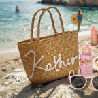 Personalized Handmade Straw Bucket Bag – Custom Name Boho Beach Travel Gift for Women