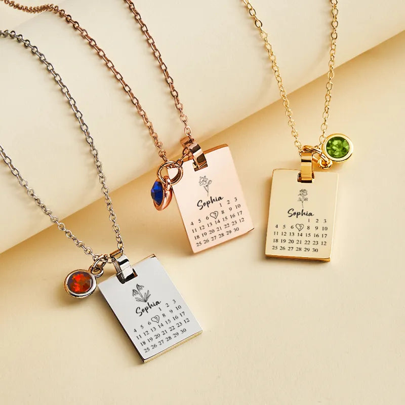 Custom Date & Birthstone Anniversary Necklace Personalized Calendar Necklace Birthday Gift for Her
