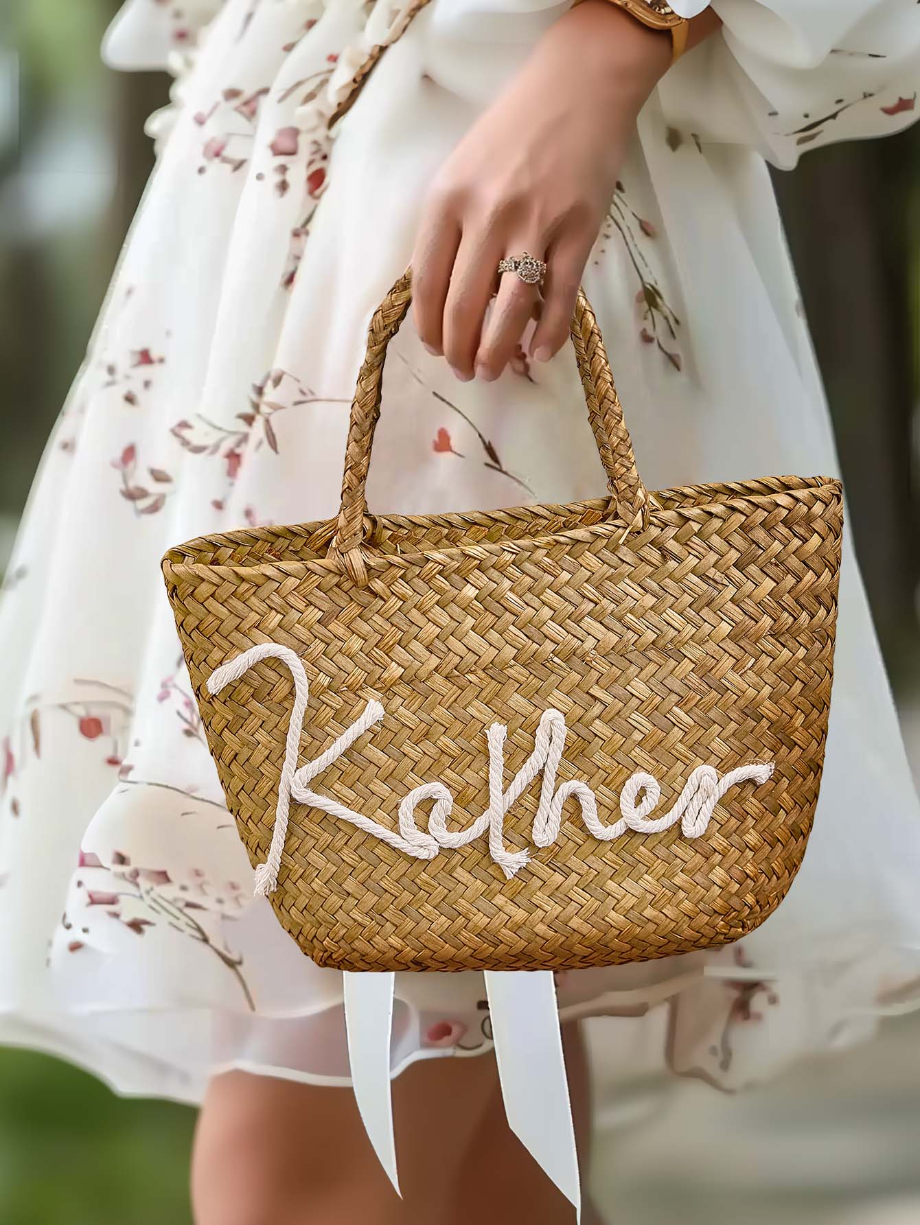 Personalized Handmade Straw Bucket Bag – Custom Name Boho Beach Travel Gift for Women
