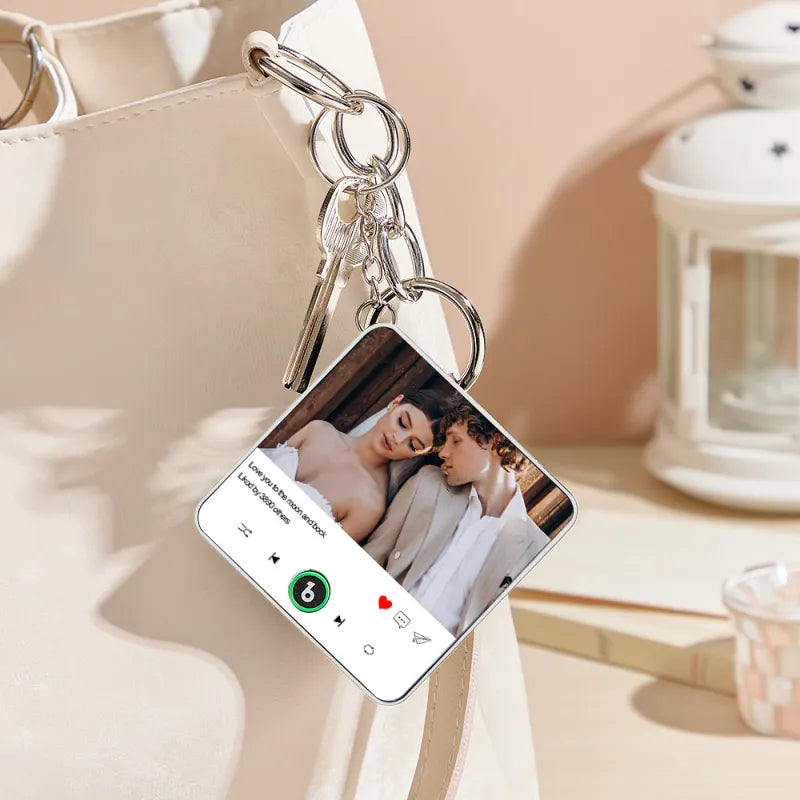 Personalized Photo & Text Music Keychain Box – Custom Song Bag Charm Plays Music Gift for Her