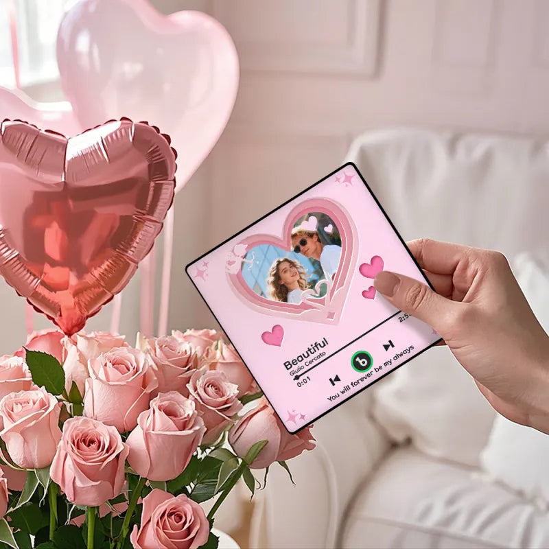 Personalized Photo Music Fridge Magnet Framed with Pink Hearts – Custom Song Valentine Gift