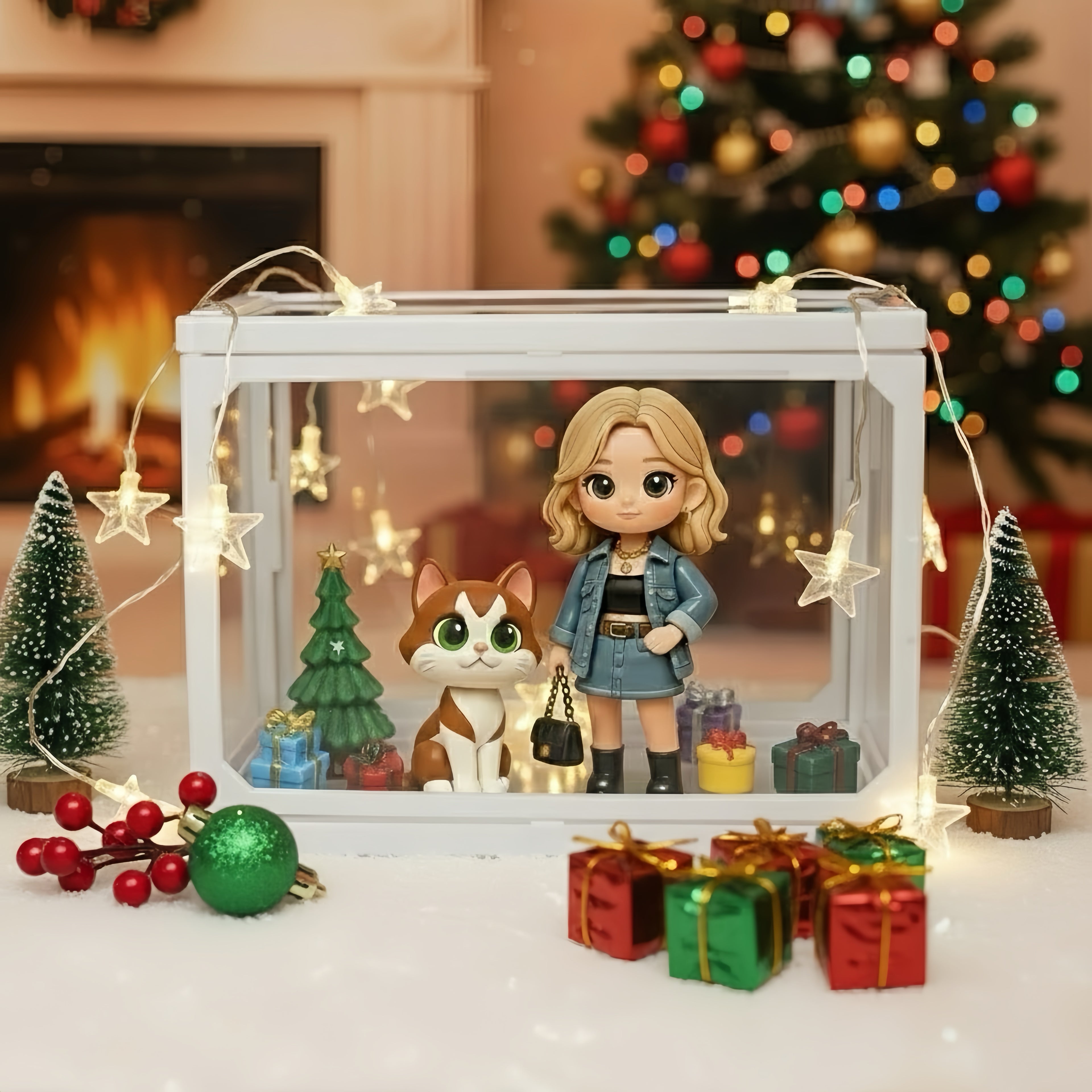 Personalized 3D Mini Figure & Pet Glass Dollhouse – Custom Photo Christmas Scene Display Case