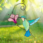 Stained Glass Blue Bird Suncatcher with Flower – Window Wall Hanging Gift for Bird Lovers
