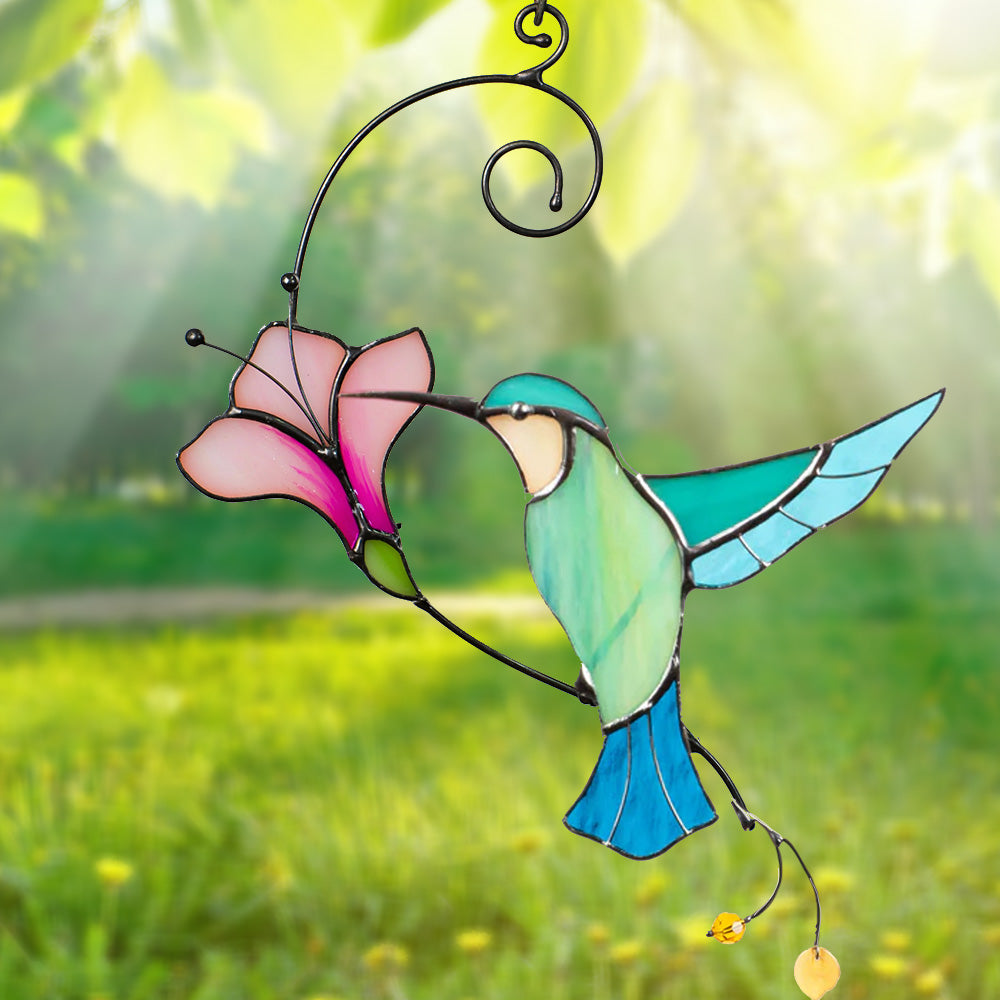 Stained Glass Blue Bird Suncatcher with Flower – Window Wall Hanging Gift for Bird Lovers