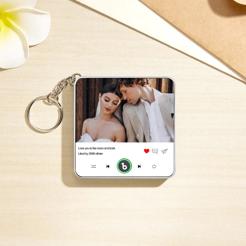 Personalized Photo & Text Music Keychain Box – Custom Song Bag Charm Plays Music Gift for Her