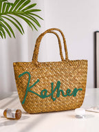 Personalized Handmade Straw Bucket Bag – Custom Name Boho Beach Travel Gift for Women