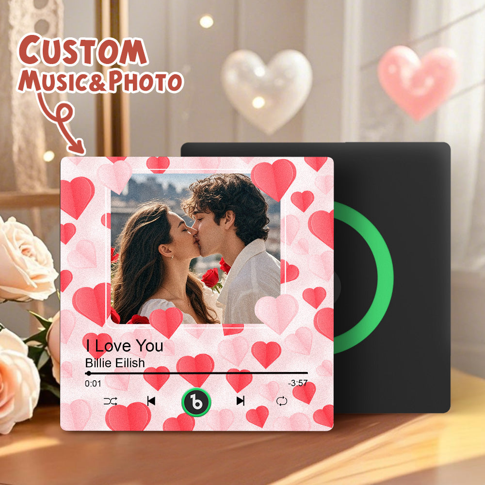 Personalized Photo Music Fridge Magnet with Hearts – Custom Song Valentine's Day Gift