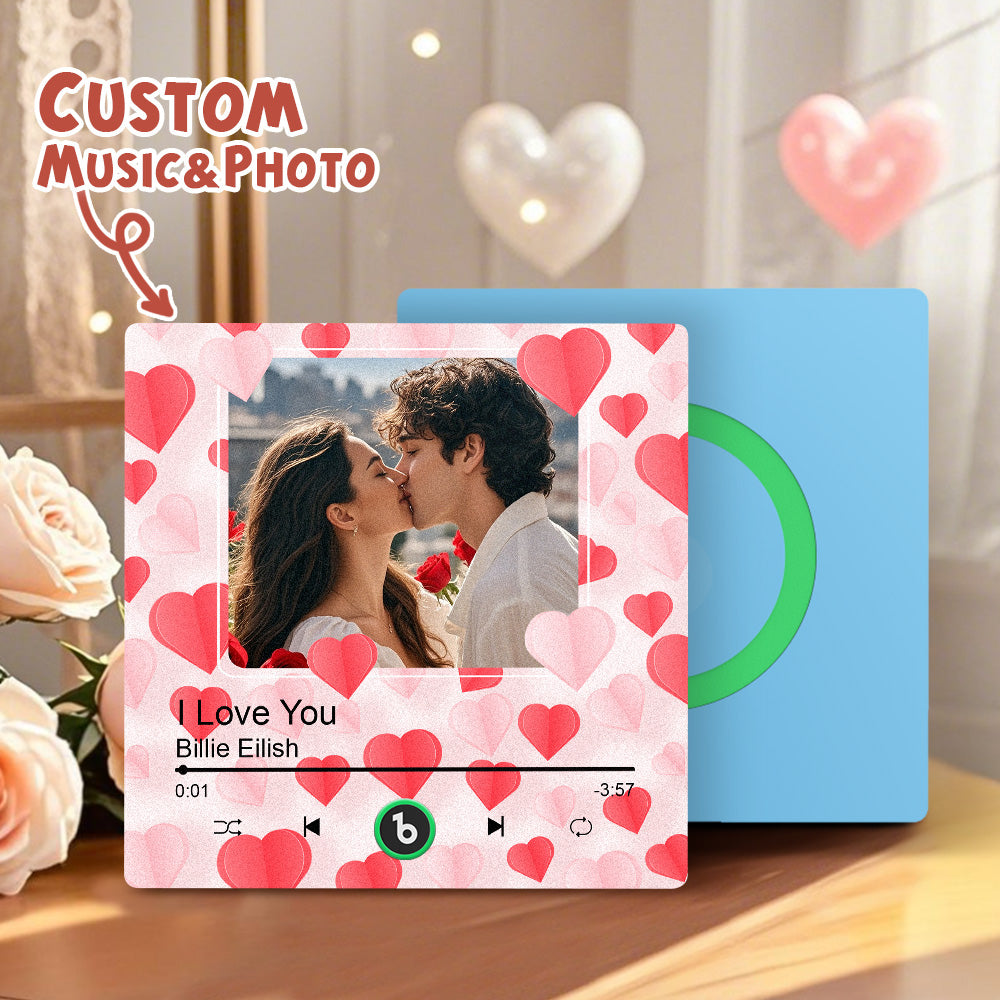 Personalized Photo Music Fridge Magnet with Hearts – Custom Song Valentine's Day Gift
