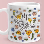 Personalized Engraved Mother's Day Mug – Custom Names Hand in Hand Floral Ceramic Cup