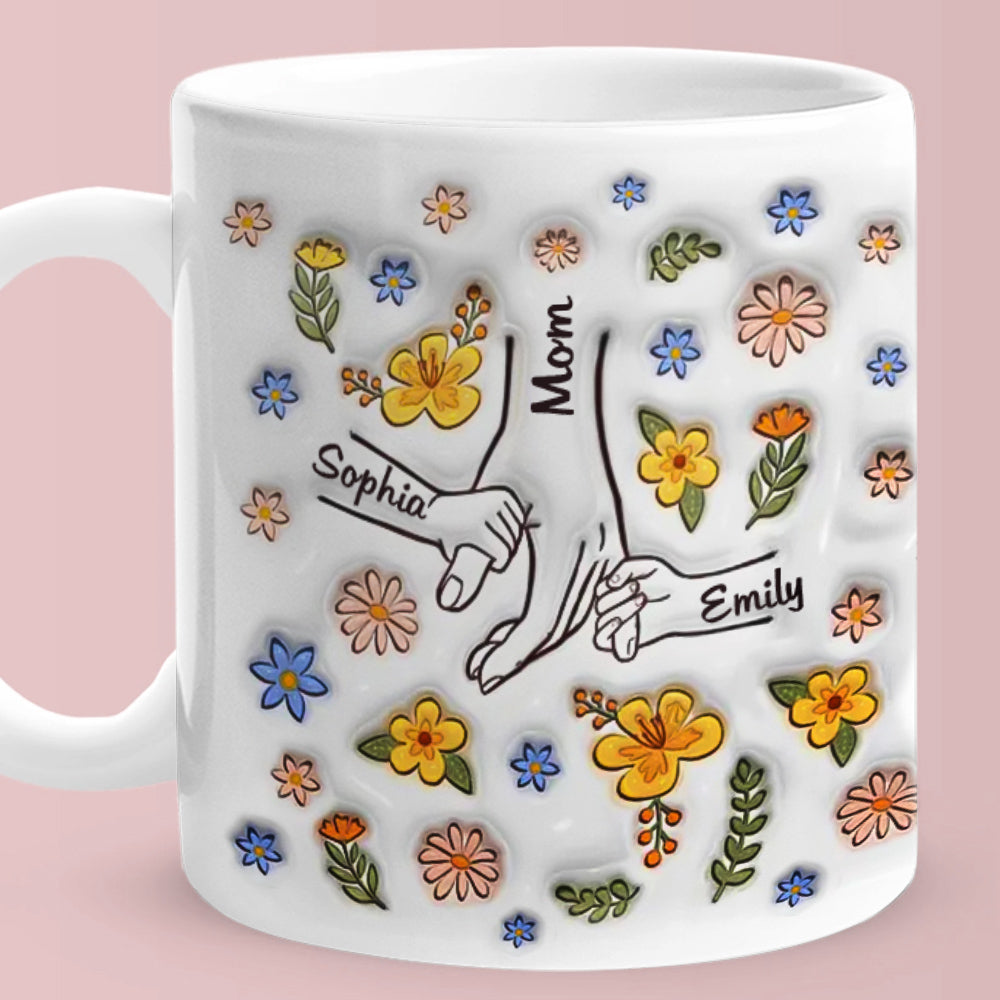 Personalized Engraved Mother's Day Mug – Custom Names Hand in Hand Floral Ceramic Cup