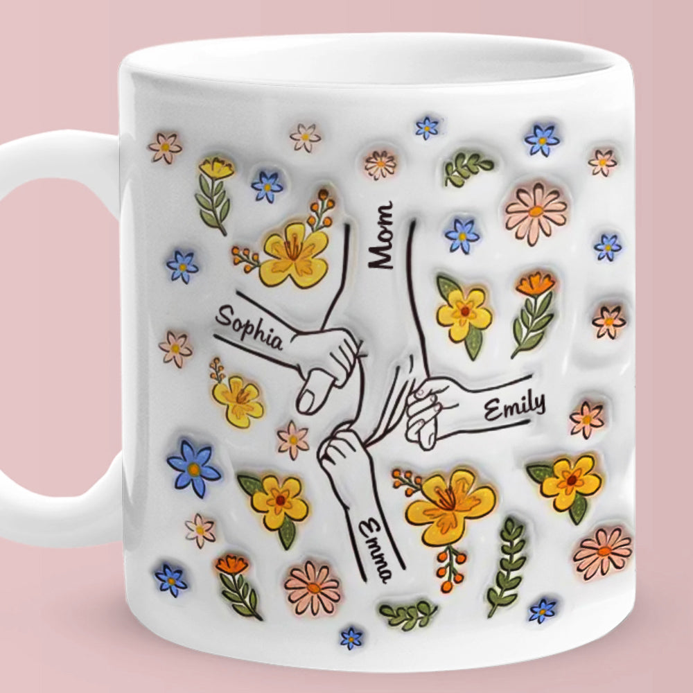 Personalized Engraved Mother's Day Mug – Custom Names Hand in Hand Floral Ceramic Cup
