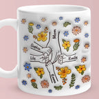 Personalized Engraved Mother's Day Mug – Custom Names Hand in Hand Floral Ceramic Cup