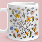 Personalized Engraved Mother's Day Mug – Custom Names Hand in Hand Floral Ceramic Cup
