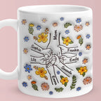 Personalized Engraved Mother's Day Mug – Custom Names Hand in Hand Floral Ceramic Cup