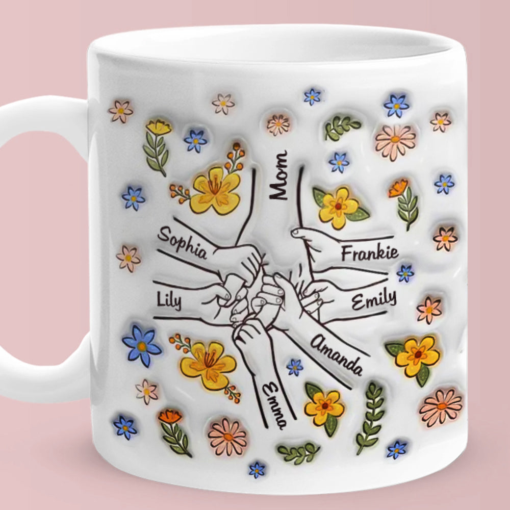 Personalized Engraved Mother's Day Mug – Custom Names Hand in Hand Floral Ceramic Cup