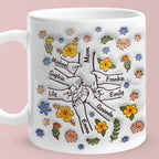 Personalized Engraved Mother's Day Mug – Custom Names Hand in Hand Floral Ceramic Cup