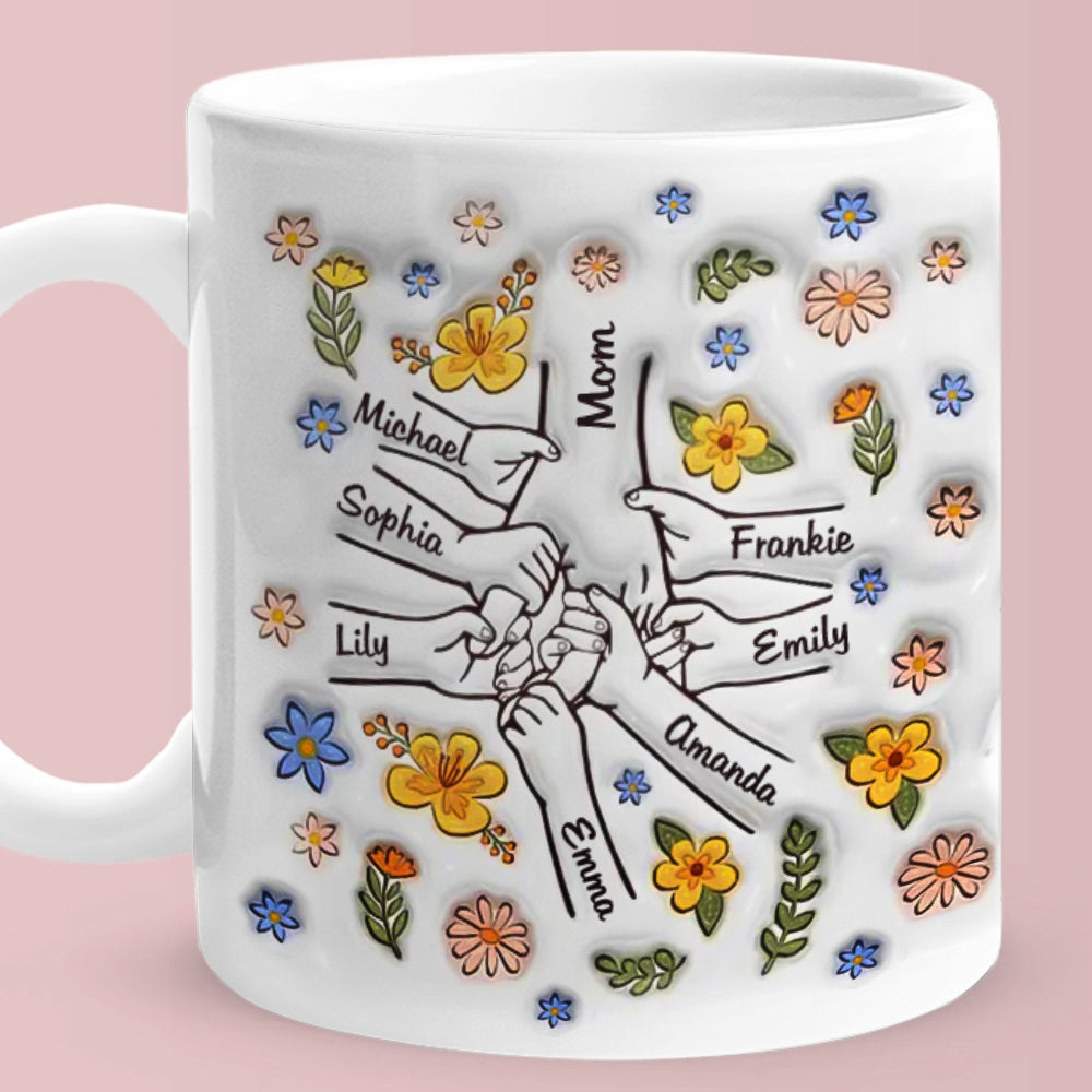 Personalized Engraved Mother's Day Mug – Custom Names Hand in Hand Floral Ceramic Cup