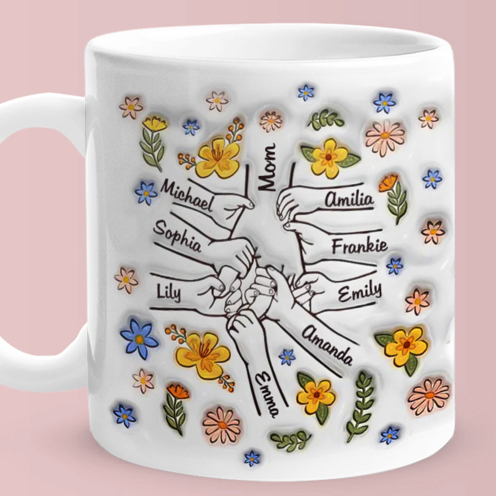 Personalized Engraved Mother's Day Mug – Custom Names Hand in Hand Floral Ceramic Cup