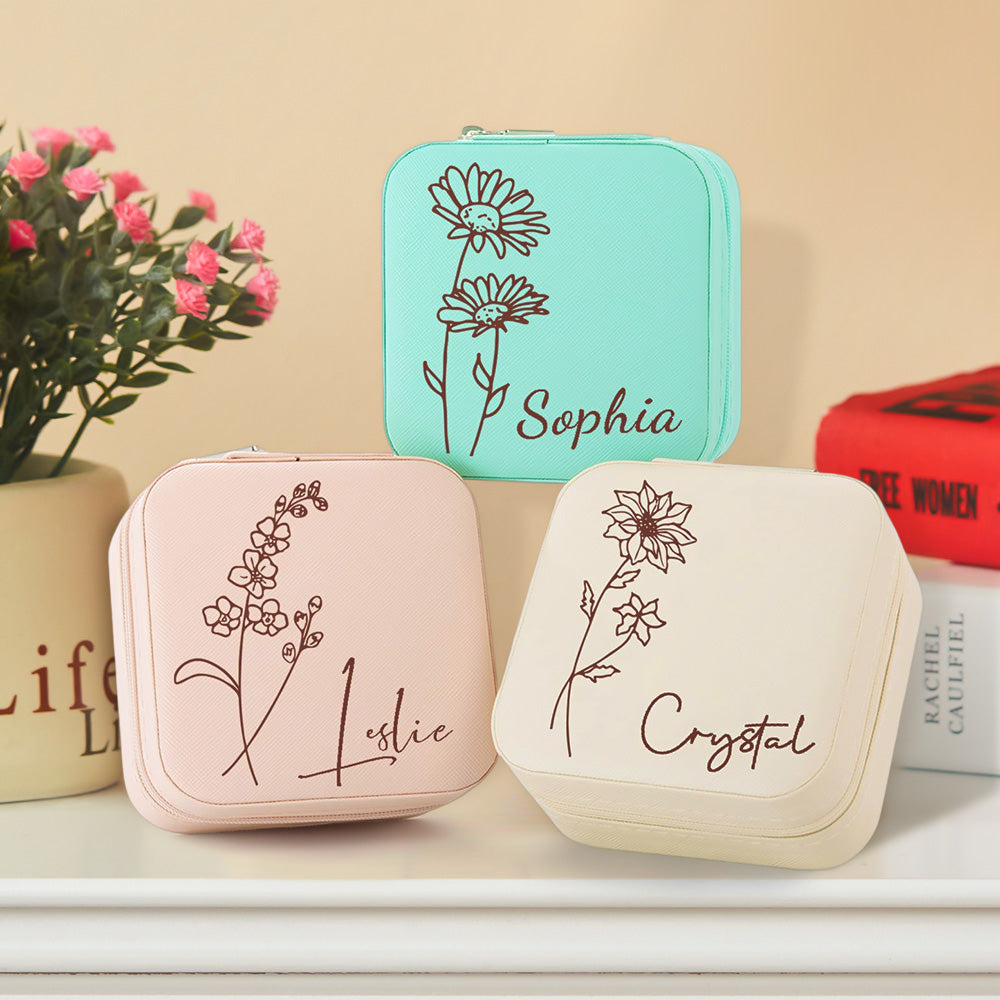 Personalized Birth Flower Jewelry Box – Custom Name Jewelry Organizer Gift for Her