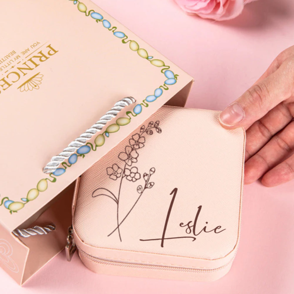 Personalized Birth Flower Jewelry Box – Custom Name Jewelry Organizer Gift for Her