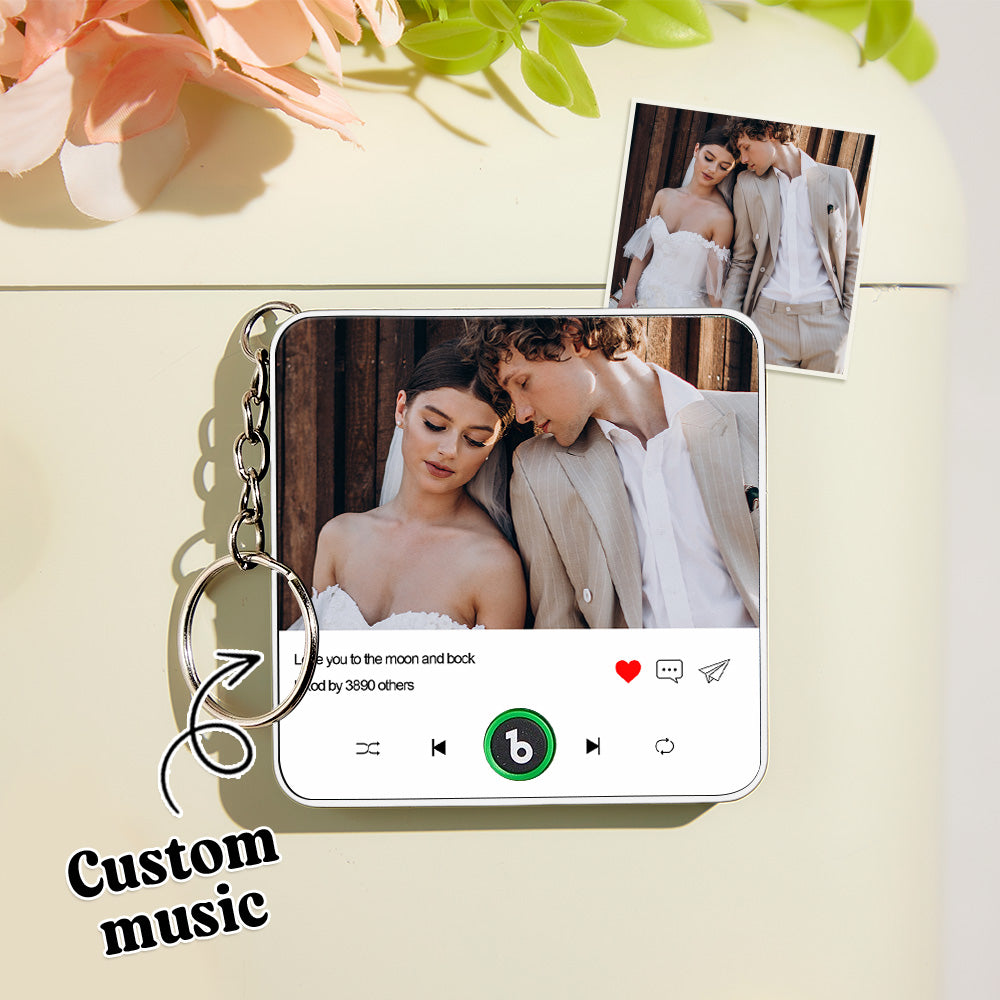 Personalized Photo & Text Music Keychain Box – Custom Song Bag Charm Plays Music Gift for Her