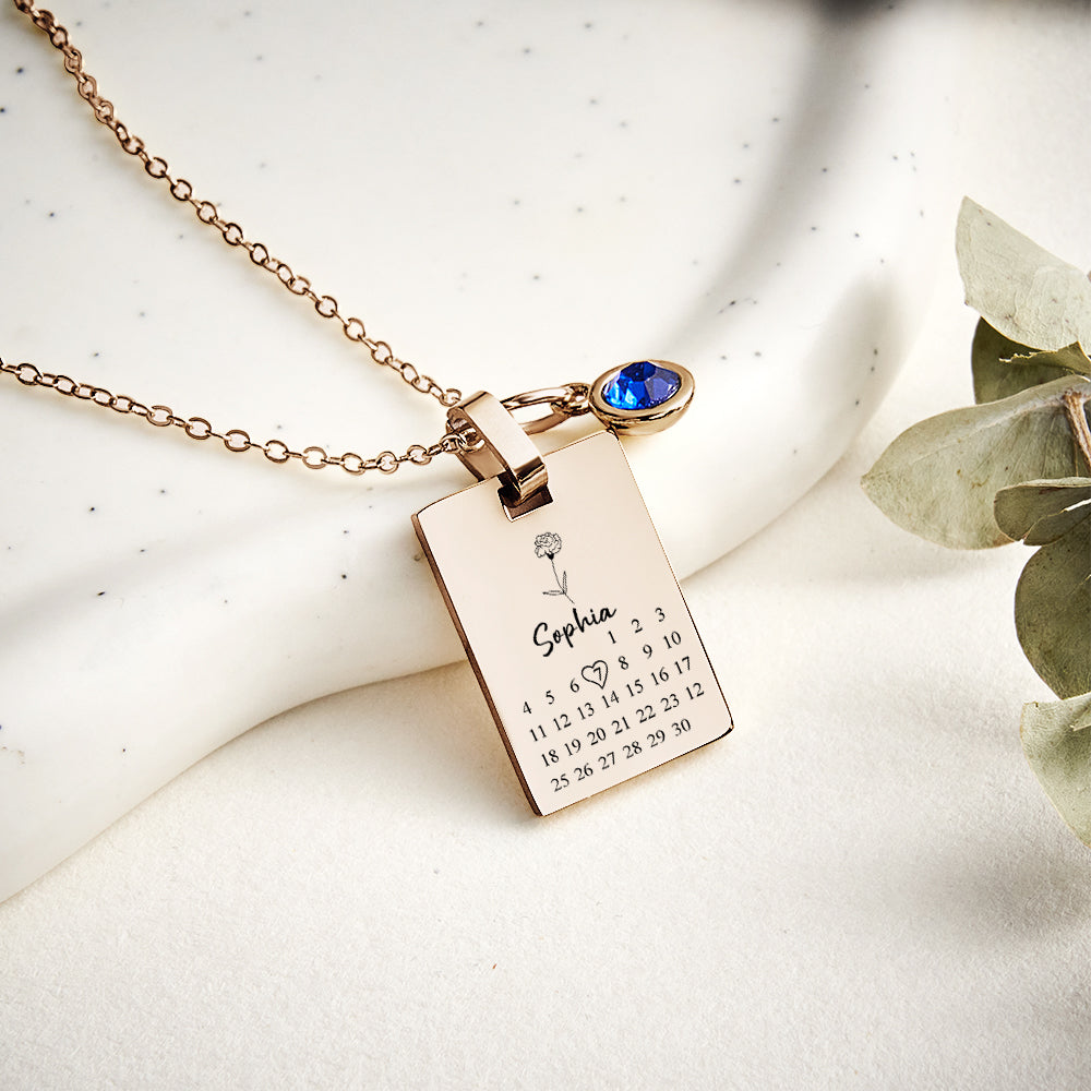 Custom Date & Birthstone Anniversary Necklace Personalized Calendar Necklace Birthday Gift for Her