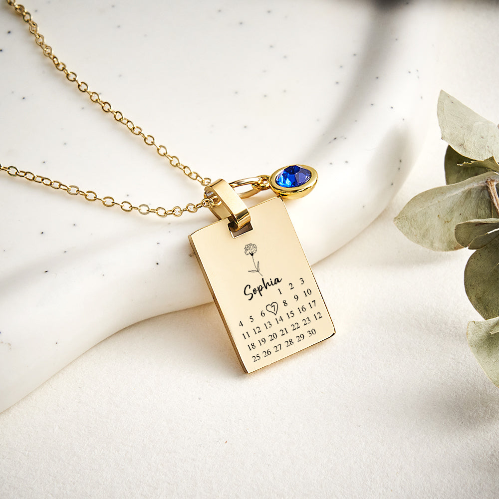 Custom Date & Birthstone Anniversary Necklace Personalized Calendar Necklace Birthday Gift for Her