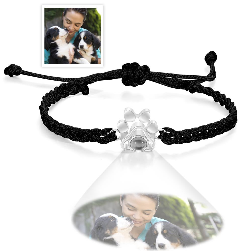 Personalized Dog Paw Photo Projection Bracelet – Custom Pet Photo Braided Rope Gift