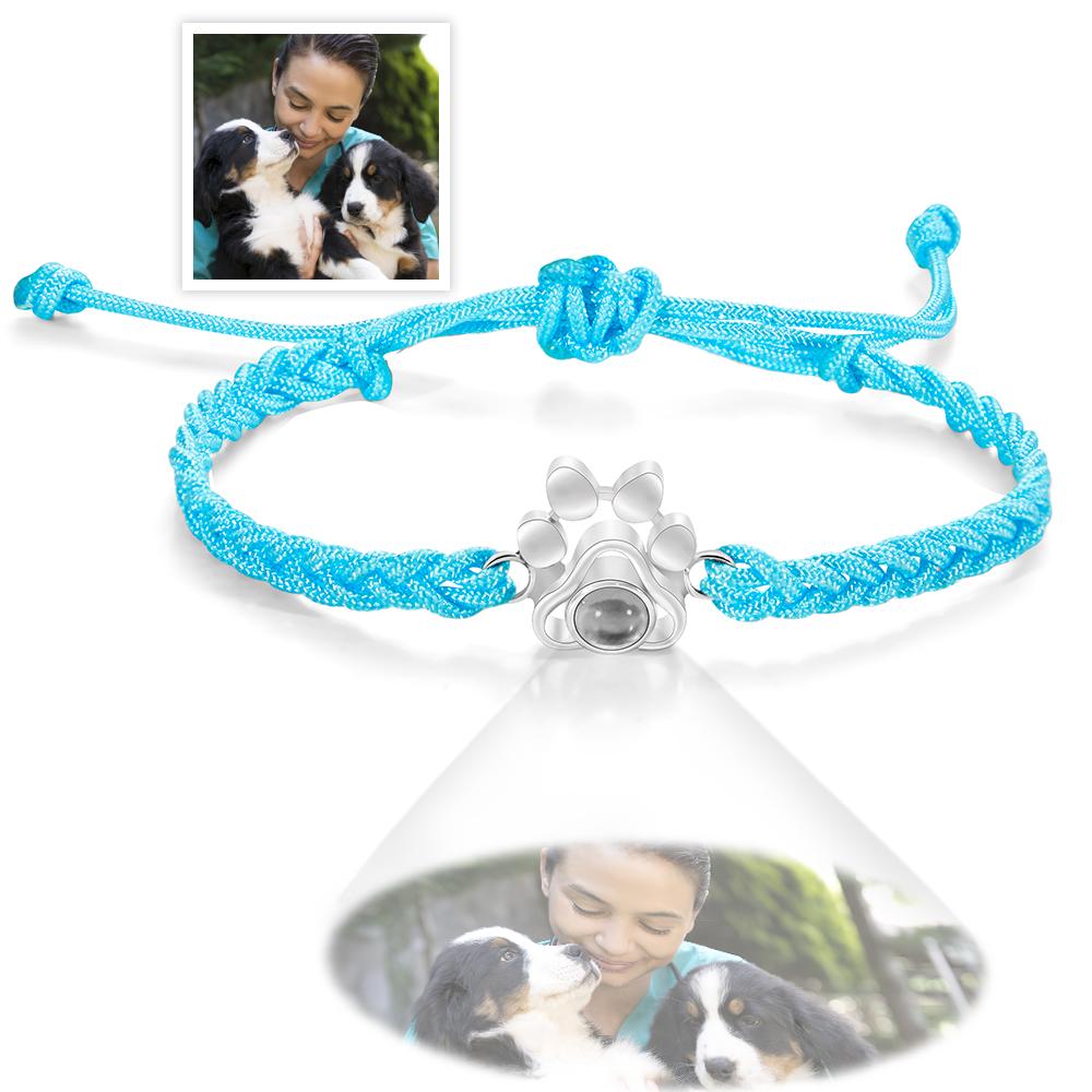 Personalized Dog Paw Photo Projection Bracelet – Custom Pet Photo Braided Rope Gift