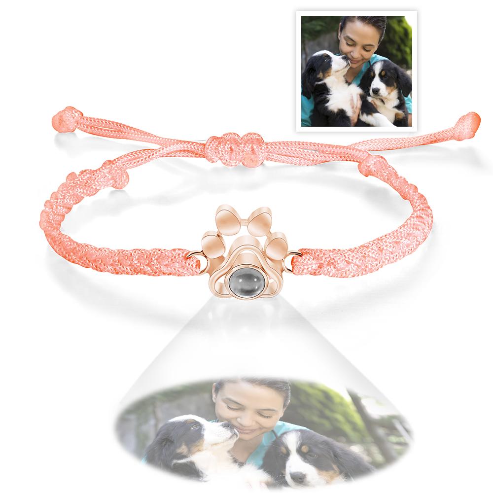 Personalized Dog Paw Photo Projection Bracelet – Custom Pet Photo Braided Rope Gift