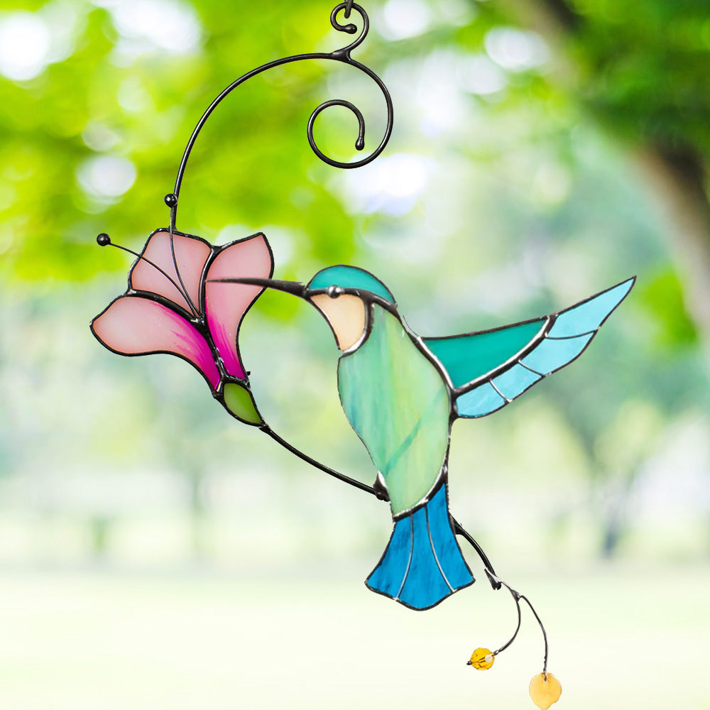 Stained Glass Blue Bird Suncatcher with Flower – Window Wall Hanging Gift for Bird Lovers