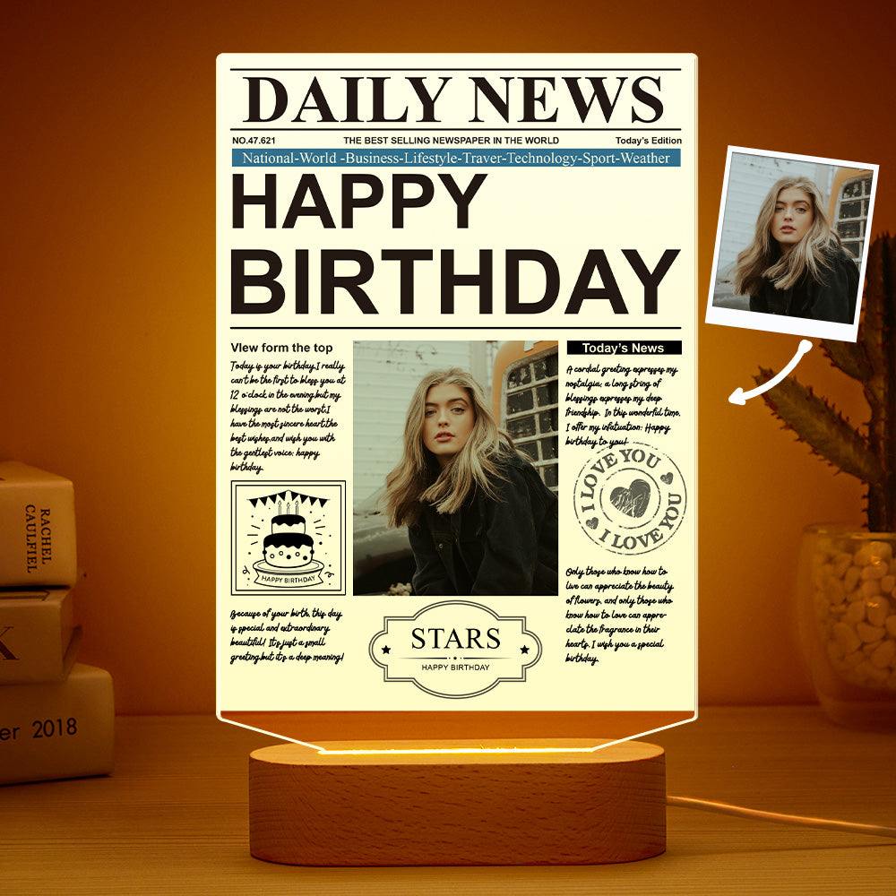 Personalized Photo Newspaper Acrylic Night Light – Custom 7-Color LED Lamp, Birthday Gift