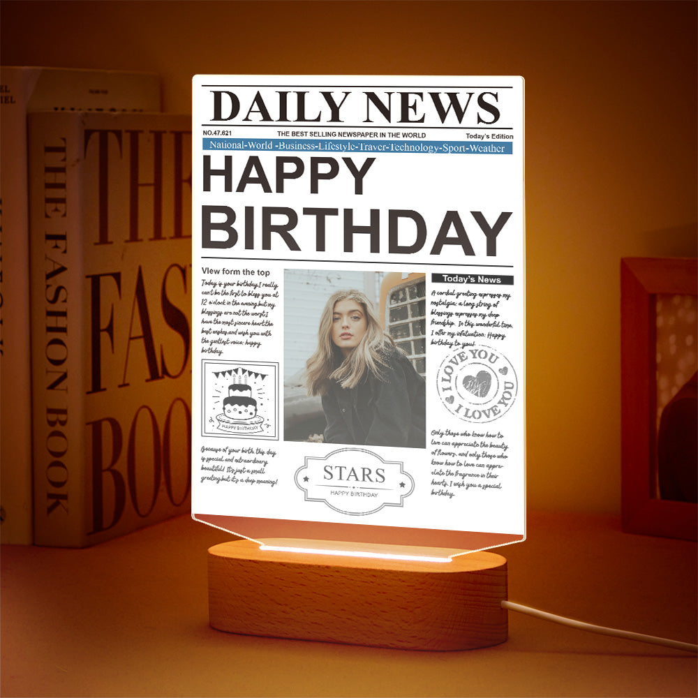 Personalized Photo Newspaper Acrylic Night Light – Custom 7-Color LED Lamp, Birthday Gift
