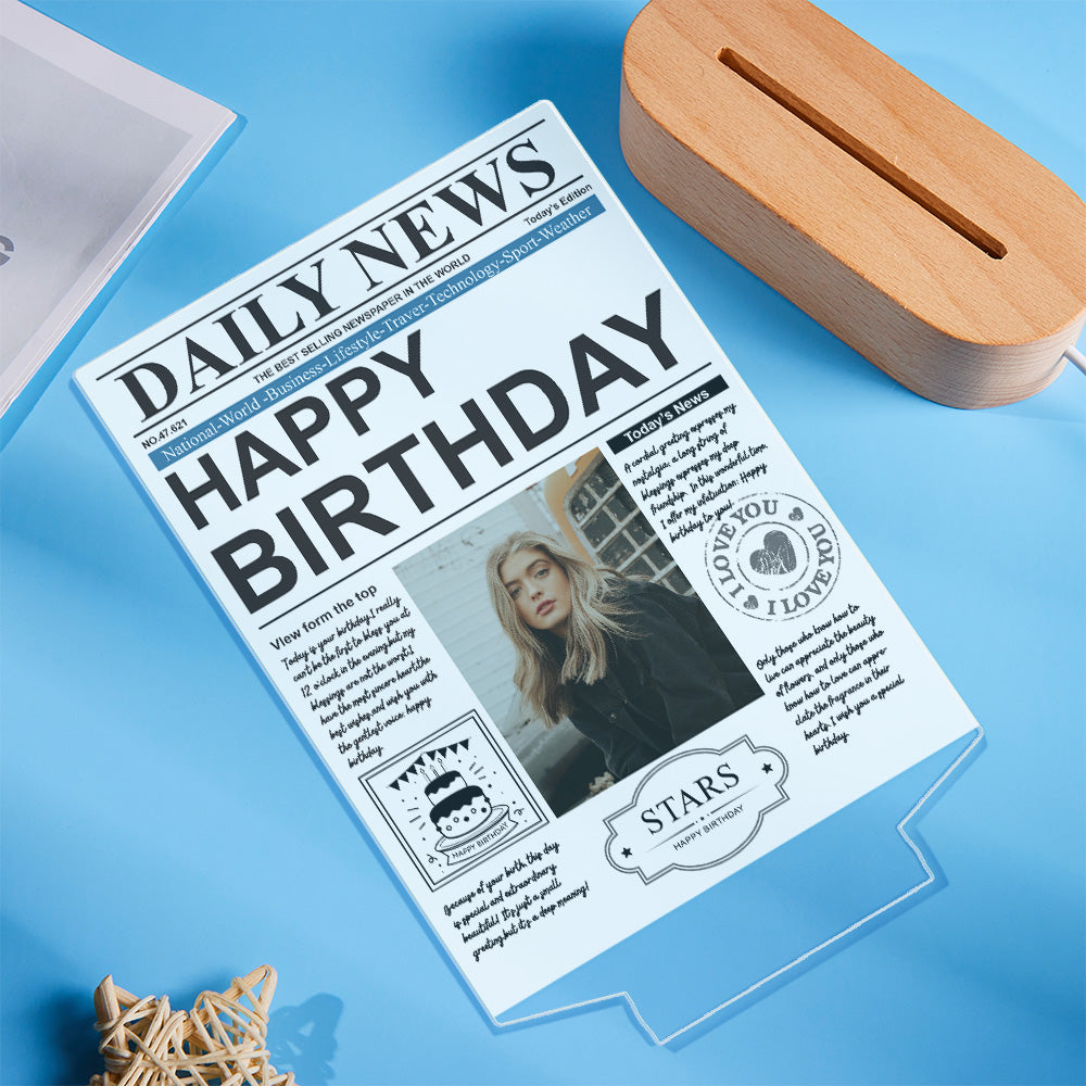 Personalized Photo Newspaper Acrylic Night Light – Custom 7-Color LED Lamp, Birthday Gift