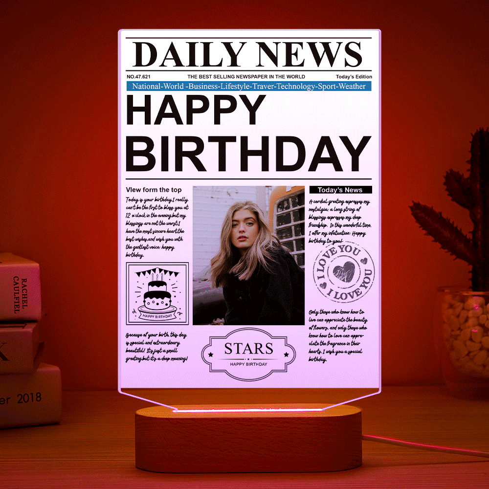 Personalized Photo Newspaper Acrylic Night Light – Custom 7-Color LED Lamp, Birthday Gift