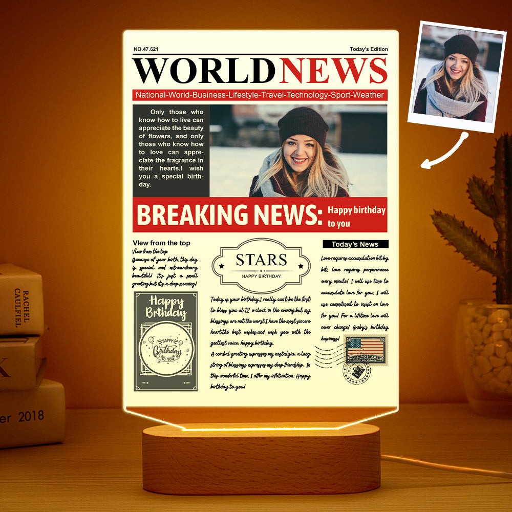 Personalized 3D Photo Newspaper Acrylic Night Light – Custom 7-Color LED Lamp, Birthday Gift