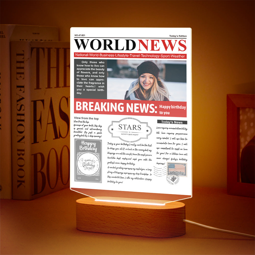 Personalized 3D Photo Newspaper Acrylic Night Light – Custom 7-Color LED Lamp, Birthday Gift