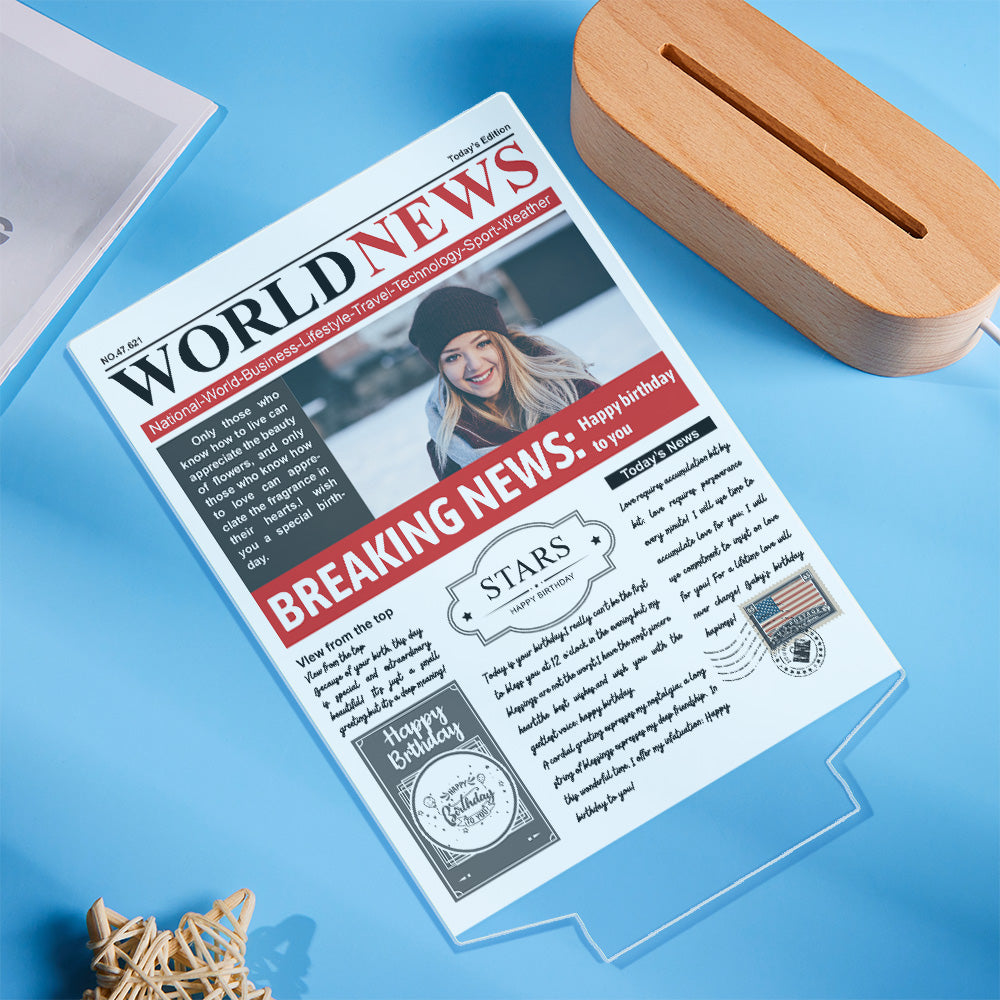 Personalized 3D Photo Newspaper Acrylic Night Light – Custom 7-Color LED Lamp, Birthday Gift