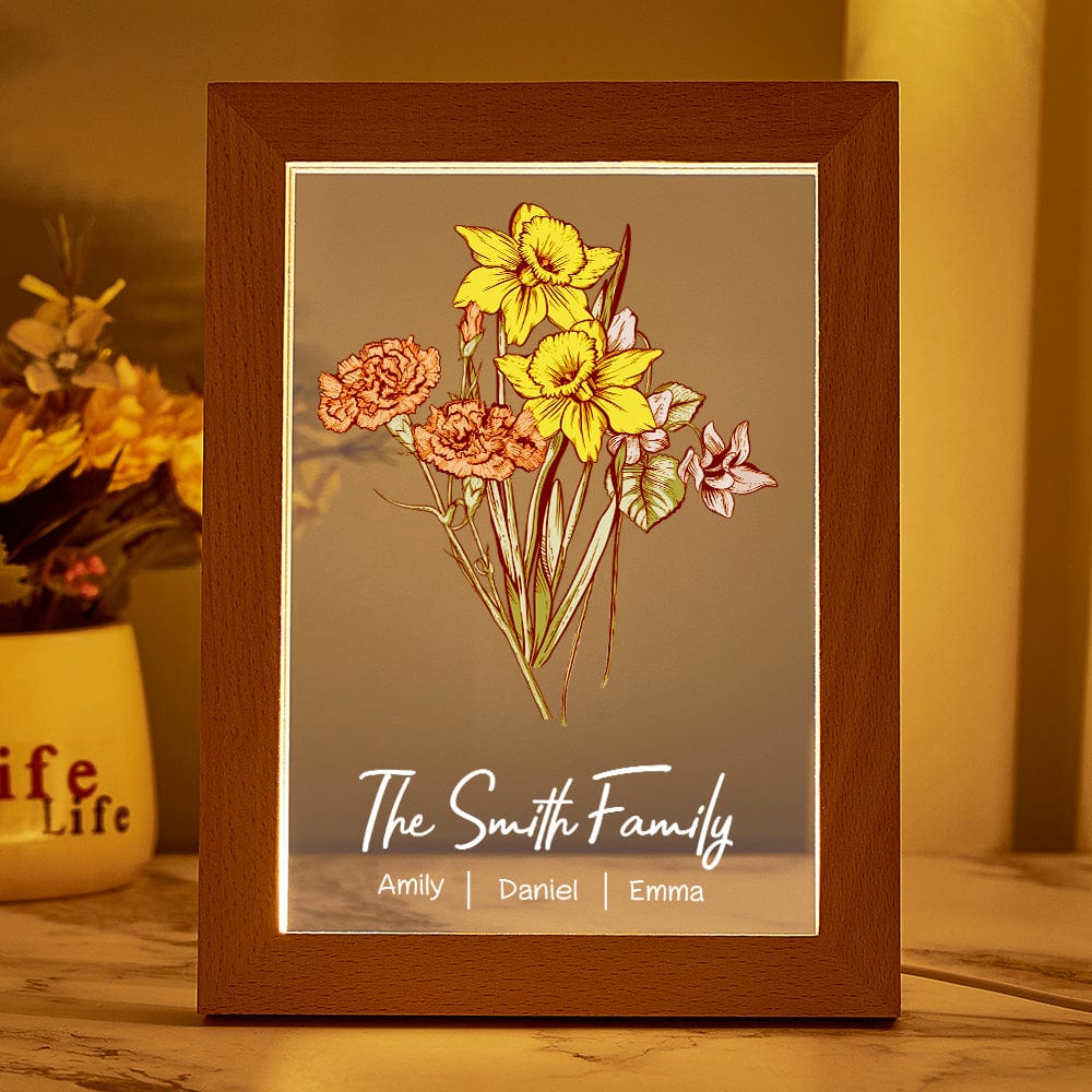 Personalized Birth Flower Bouquet LED Night Light – Custom Names Wood Acrylic Lamp, Mother's Day Gift