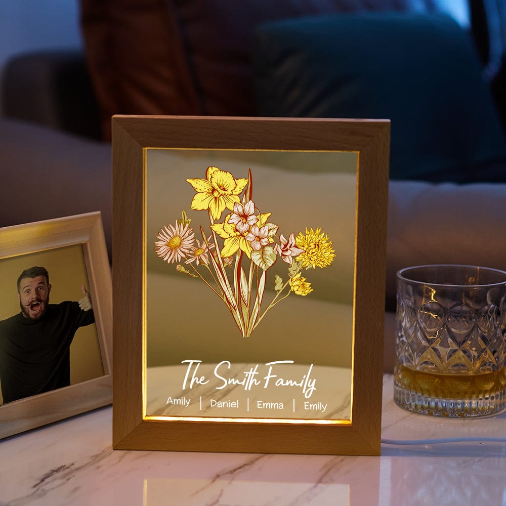 Personalized Birth Flower Bouquet LED Night Light – Custom Names Wood Acrylic Lamp, Mother's Day Gift