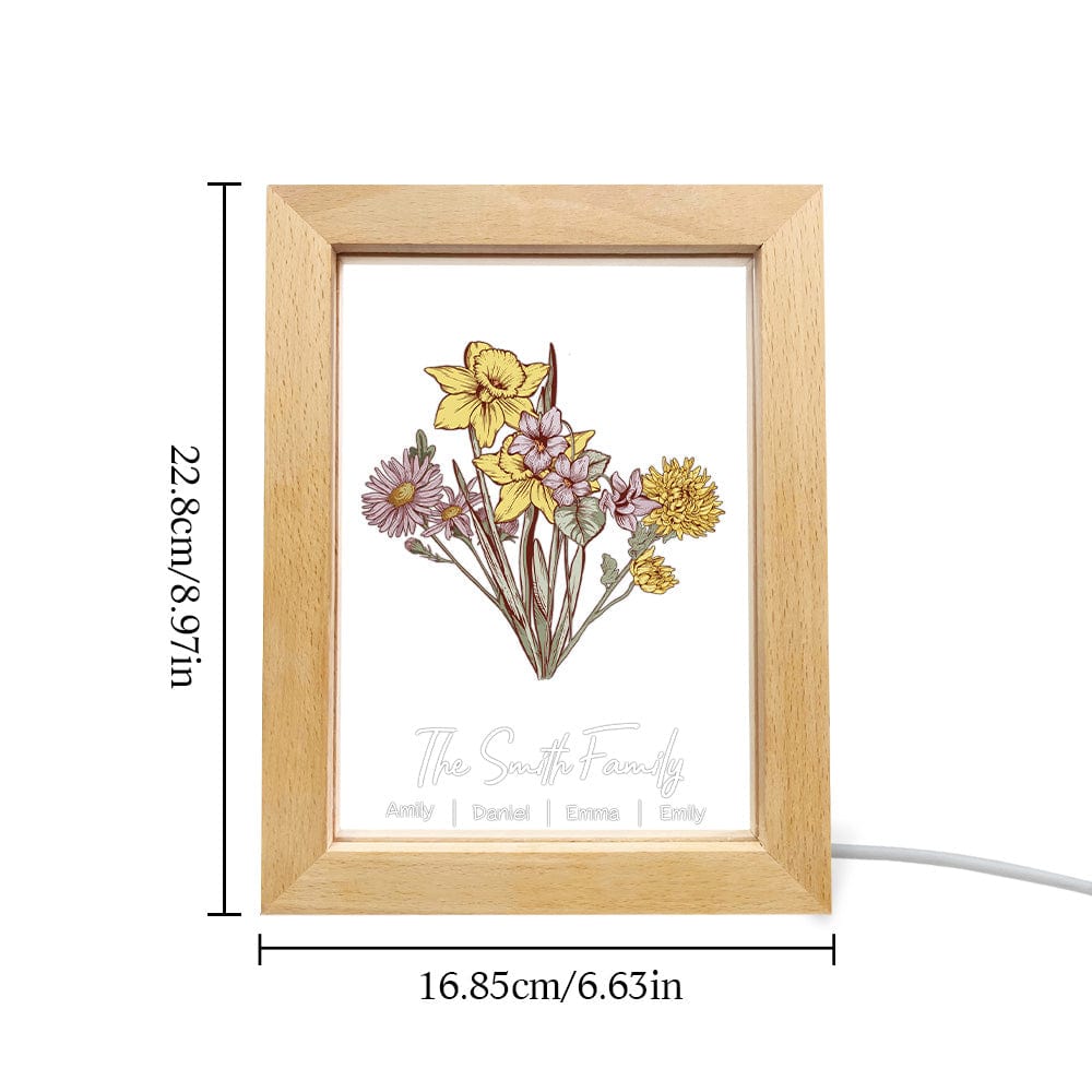 Personalized Birth Flower Bouquet LED Night Light – Custom Names Wood Acrylic Lamp, Mother's Day Gift