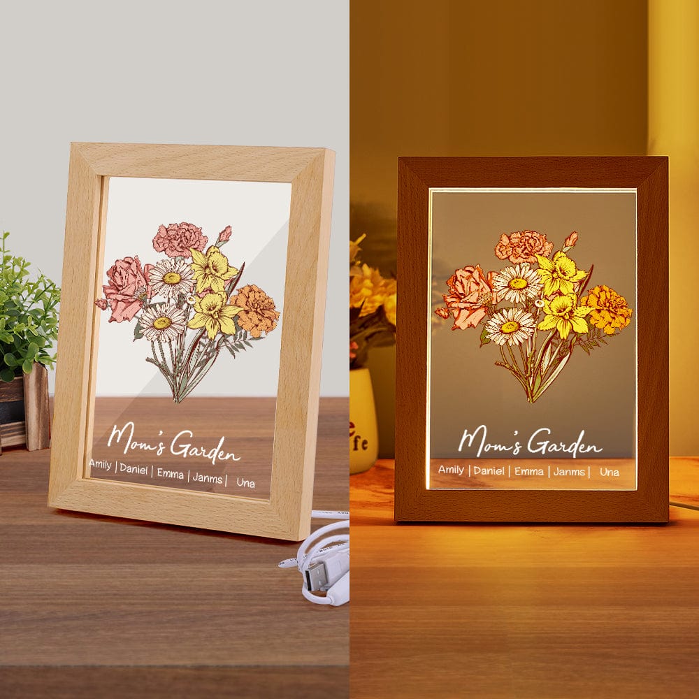 Personalized Birth Flower Bouquet LED Night Light – Custom Names Wood Acrylic Lamp, Mother's Day Gift