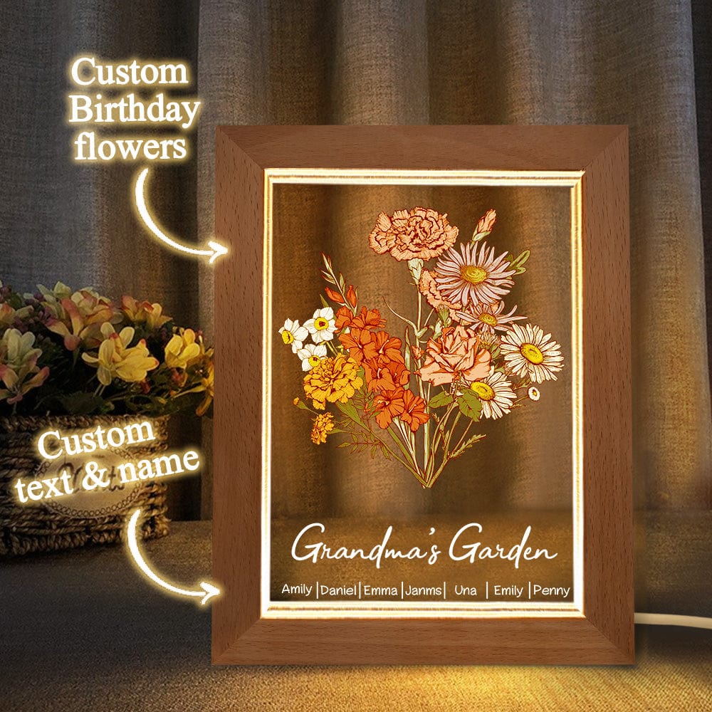 Personalized Birth Flower Bouquet LED Night Light – Custom Names Wood Acrylic Lamp, Mother's Day Gift