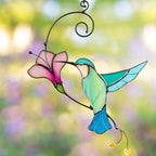 Stained Glass Blue Bird Suncatcher with Flower – Window Wall Hanging Gift for Bird Lovers