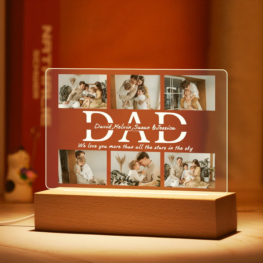 Personalized Dad LED Night Light – Custom 6 Photos & Text Acrylic Lamp, Father's Day Gift