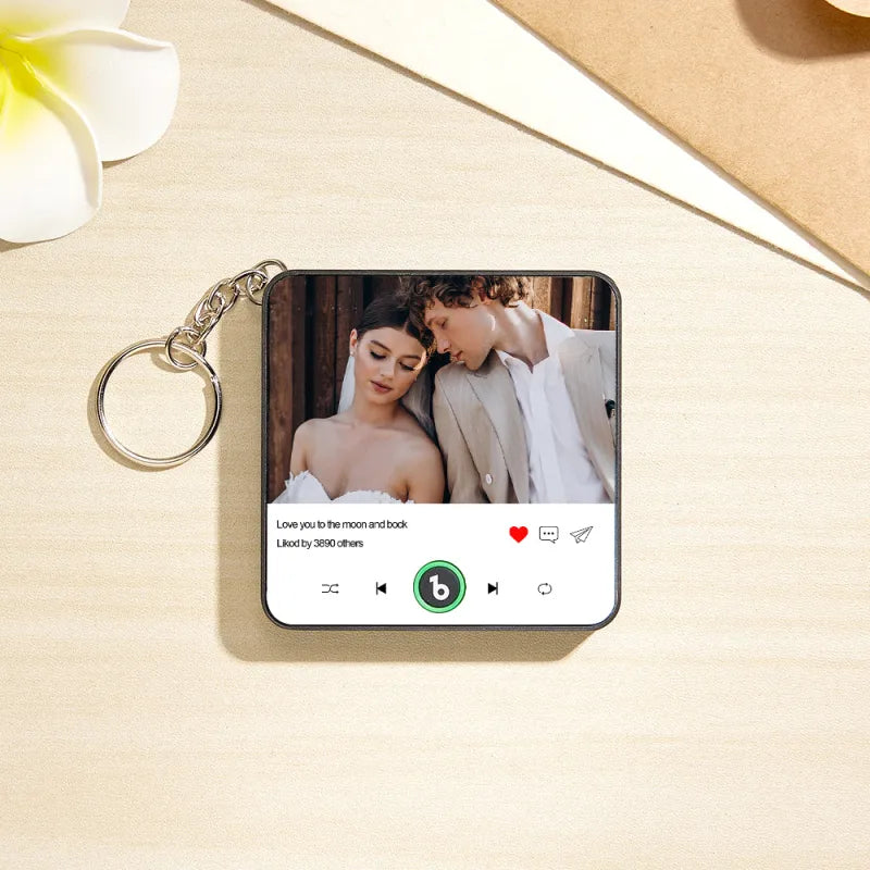 Personalized Photo & Text Music Keychain Box – Custom Song Bag Charm Plays Music Gift for Her
