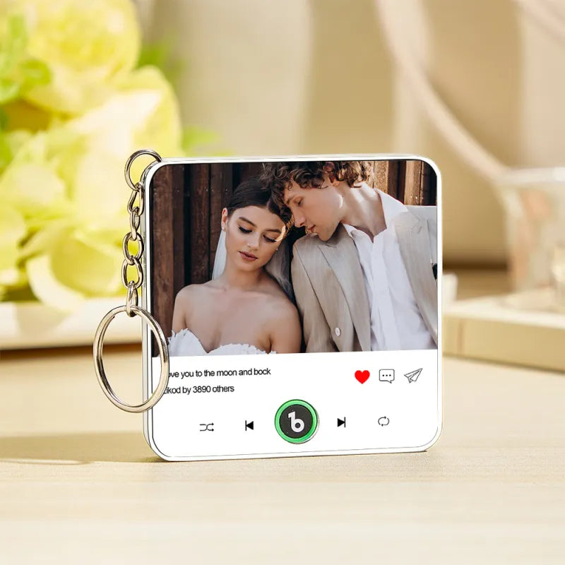 Personalized Photo & Text Music Keychain Box – Custom Song Bag Charm Plays Music Gift for Her